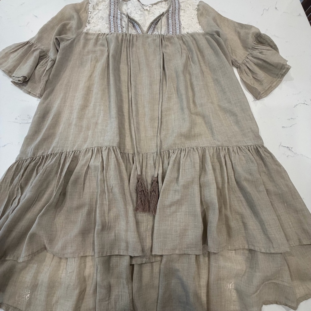 Soieblu Taupe Tiered Lace Yoke Kids Dress